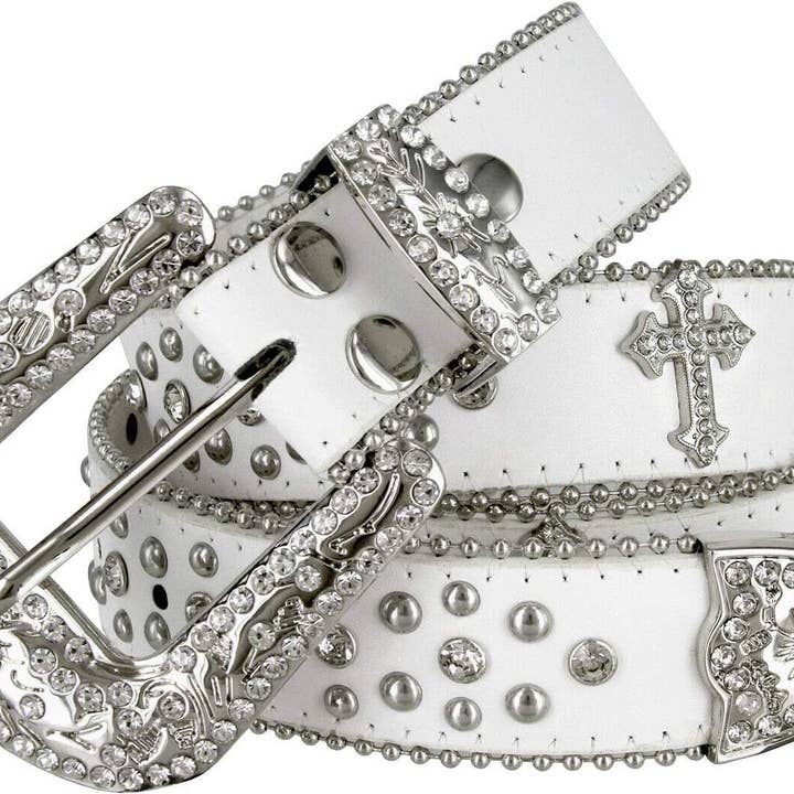 All Black Cross Studs White Stones Studded Rhinestones Belts for wholesale by Rhinestone Belt Store