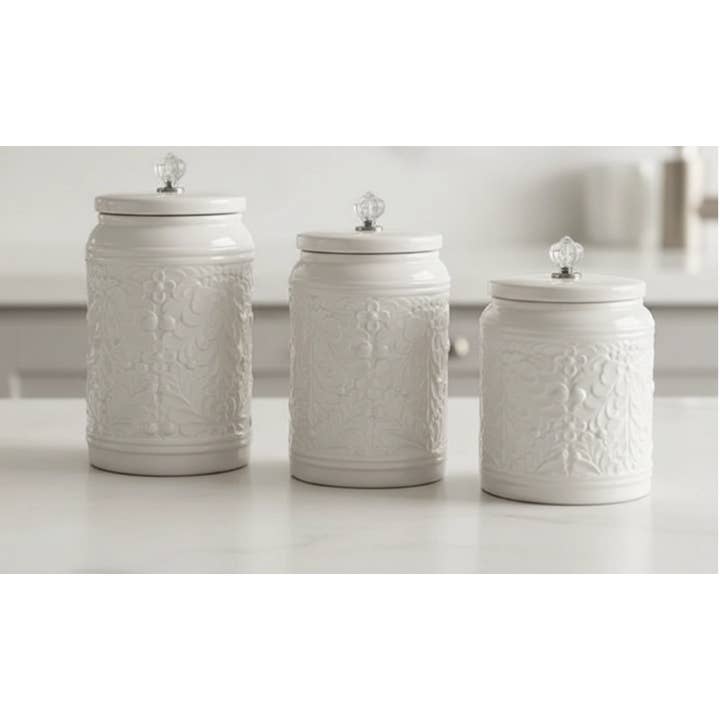 Witte keramische voorraadbussen set met kristallen knoppen (3-delig) voor wholesale door Drew Derose Design