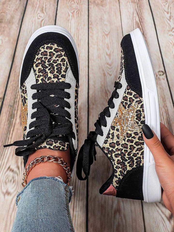 Leopard Color Block Glitter Star Patched Lace-up Flat Shoes for wholesale by fashionworks