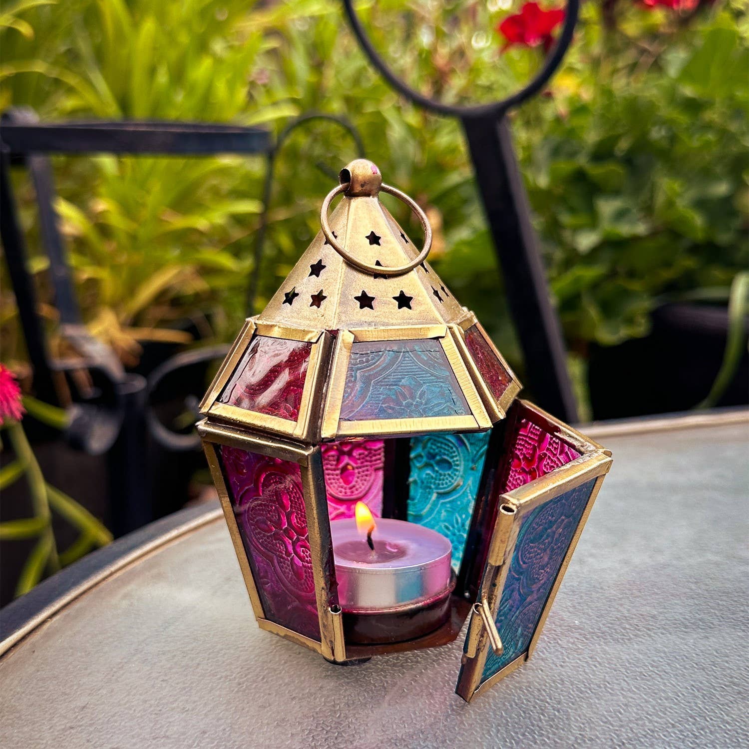 In the Breeze, LLC. - Wholesale Candle Holder - Mini Teal & Pink Hex Glass Tealight Lantern2