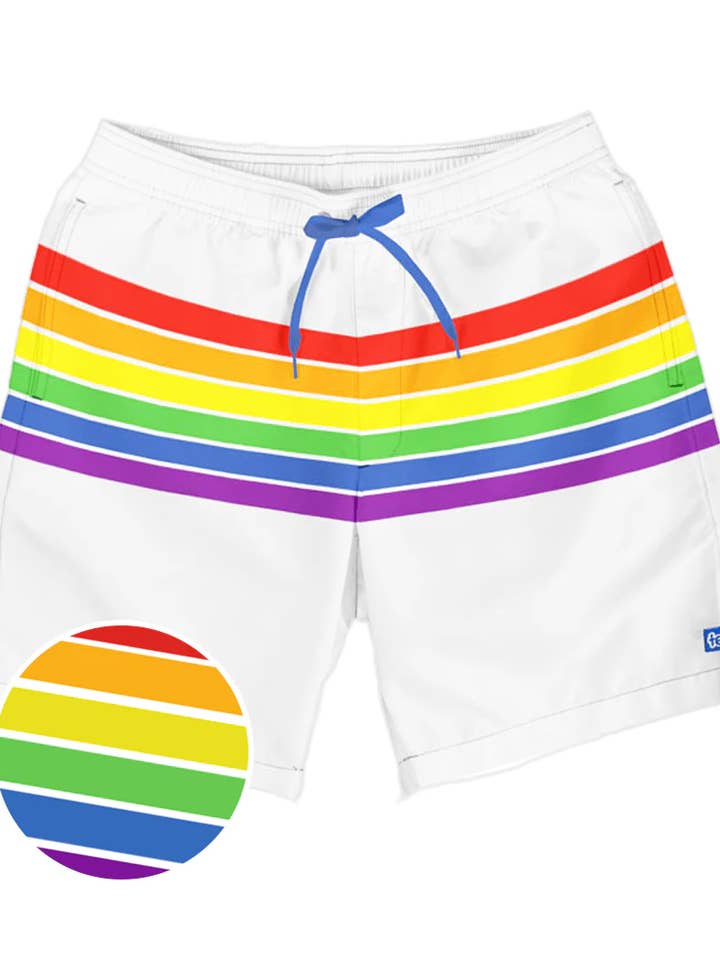 Tipsy Elves - Wholesale Swim Shorts - Men's - White Rainbow Stretch Swim Trunks - Men's Pride Bathing Suit