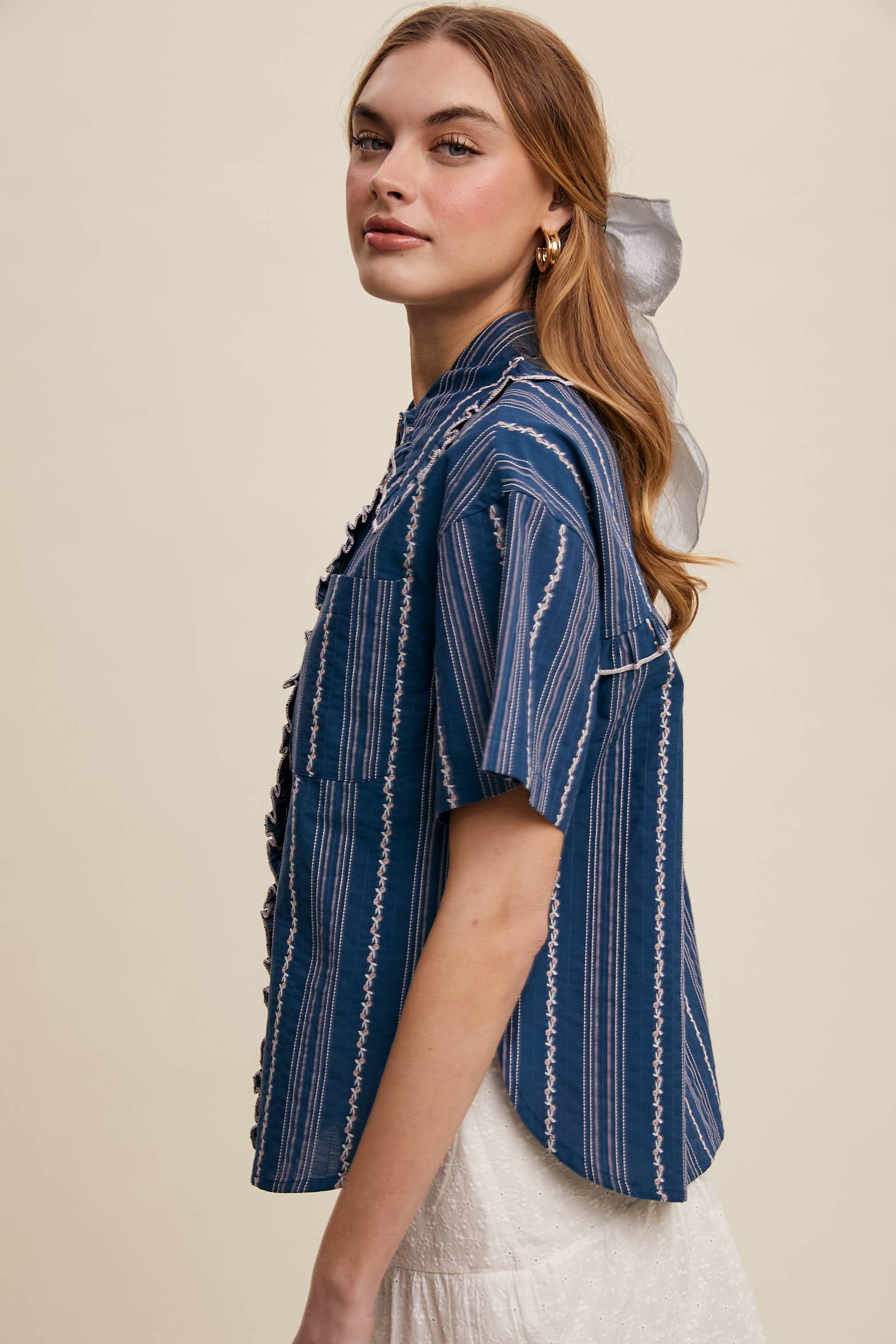 Listicle - Wholesale Button Down Shirt - Women's - Striped Embroidered Button-Down Blouse29