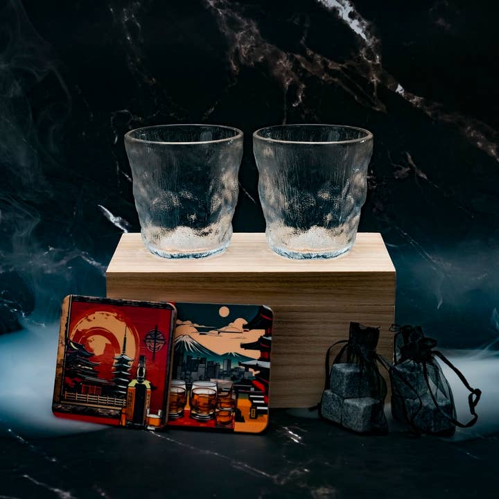 Sostraw & SmartThings - Venta al por mayor Copas de cóctel/licor - Vidrio japonés, caja de regalo, cubitos de hielo de granito y posavasos | 310