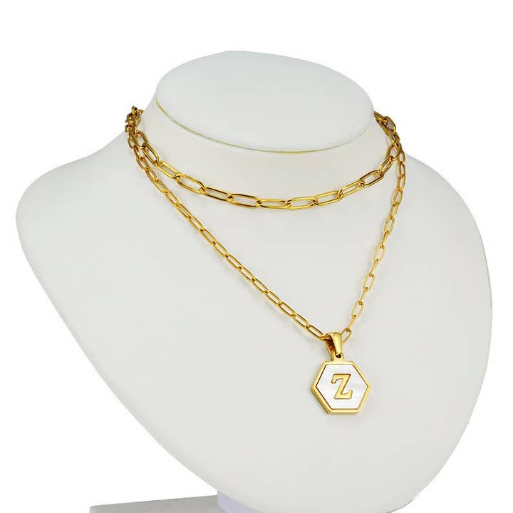 DOUBLE CHAIN HEXAGON INITIALS NECKLACE_CWAJE221 for wholesale by ACCITY