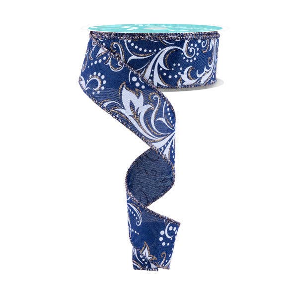 General Wholesale Inc - Wholesale Ribbon - Gift Wrapping - 1.5"X10YD LEAF FILAGREE W/DOTS - NAVY BLUE/WHITE/CHAMPAGNE - RGF1446190