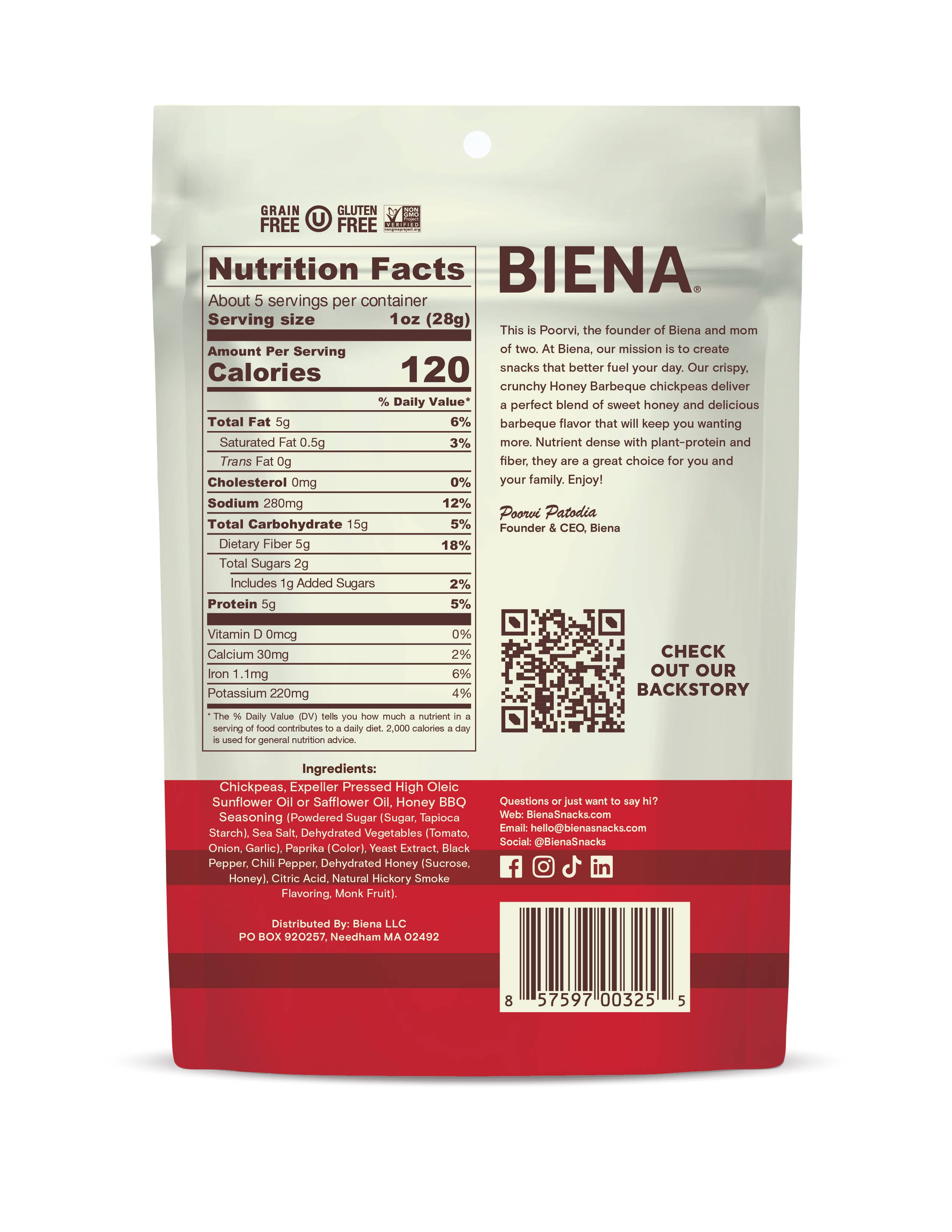 Biena Snacks - Wholesale Nuts - BIENA Roasted Chickpea Snacks Honey Barbeque 5oz x 8ct Case1