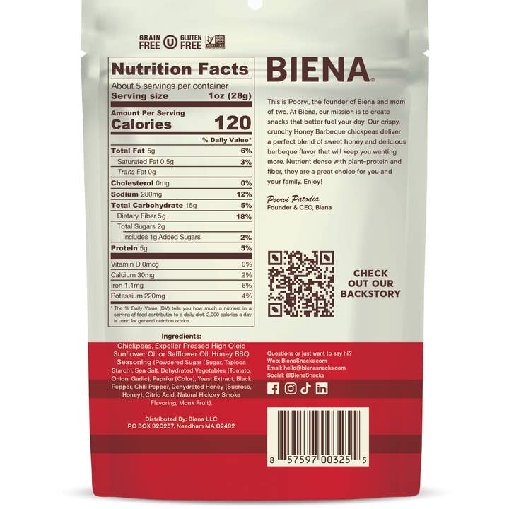 Biena Snacks - Wholesale Nuts - BIENA Roasted Chickpea Snacks Honey Barbeque 5oz x 8ct Case1