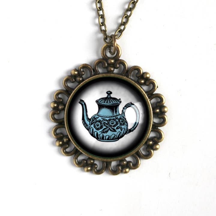 Collana con ciondolo decorato in stile vittoriano stile steampunk Blue Tea per la vendita all'ingrosso da parte di The Divine Iguana