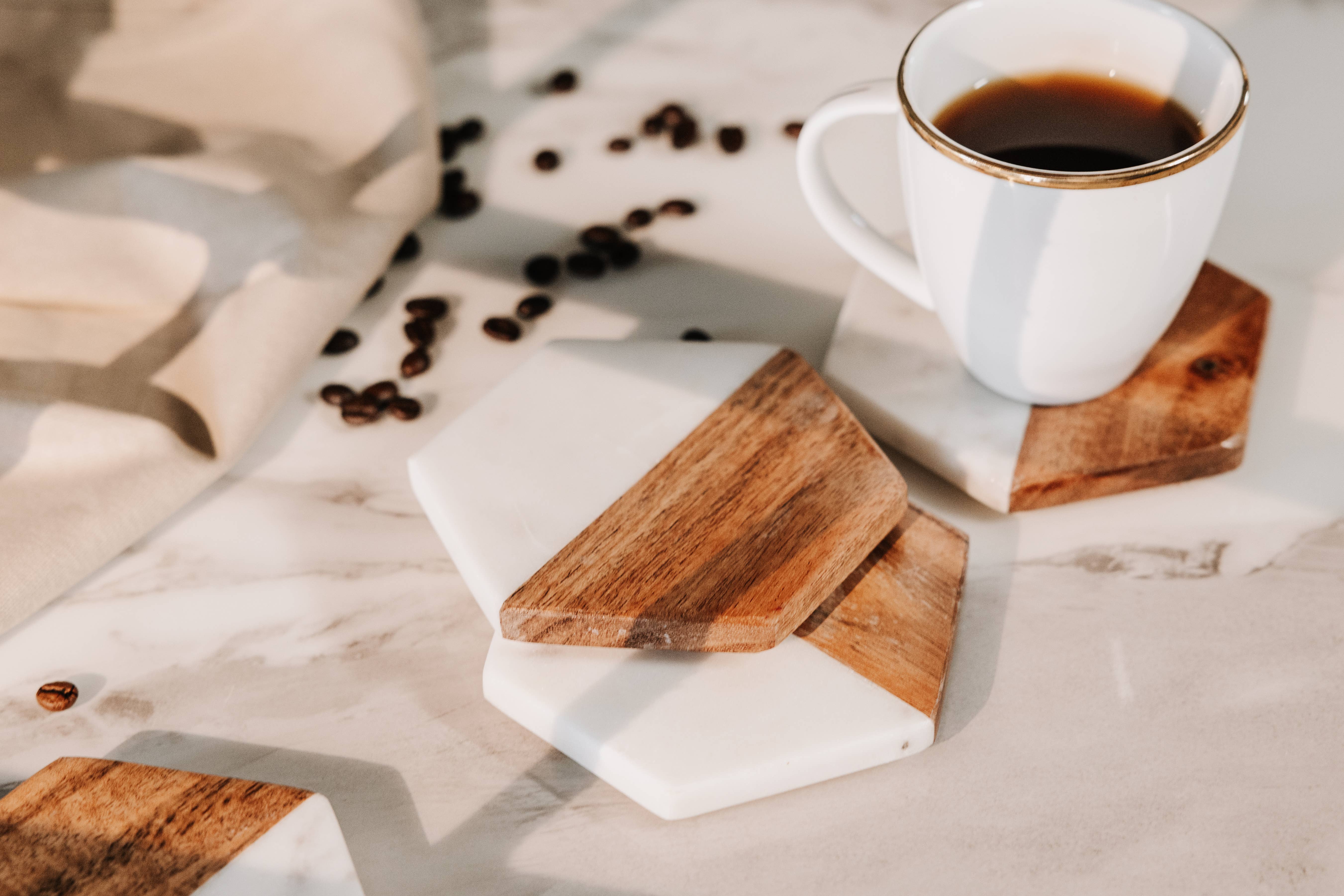 LuxeDesigns Co LLC - Wholesale Coasters - Artisan Marble and Wood Hexagon Coaster Set of 4 - White3