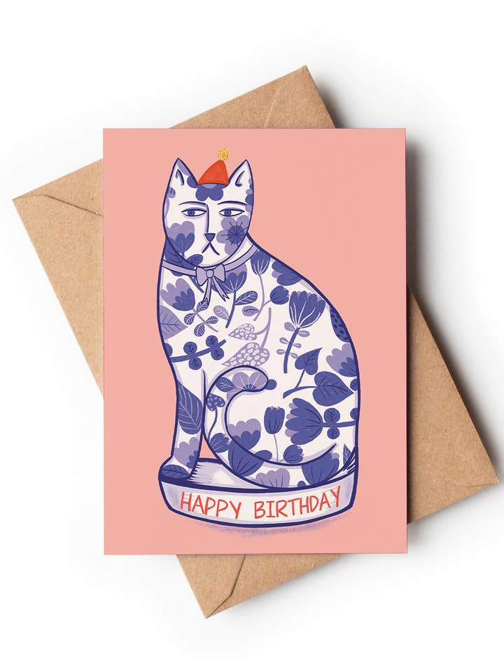 Happy Birthday Porcelain Party Cat: A6 Card for wholesale by Su Owen