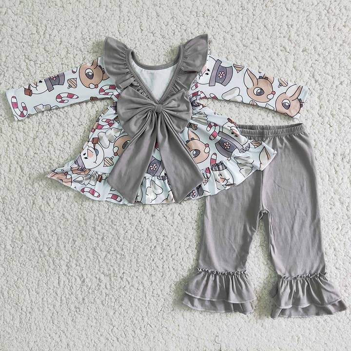 Aier Wholesale - Wholesale Top & Pant Set - Kids - Grey Christmas Cartoon Bow sets