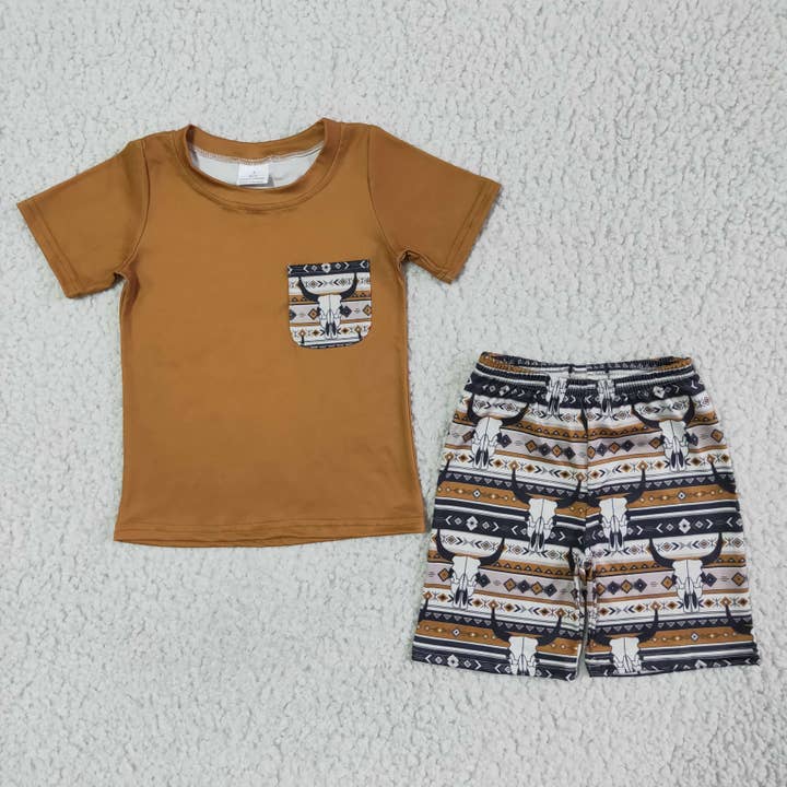 Yawoo Garments - Wholesale Top & Short Set - Kids - Bull skull pocket boy summer clothing set