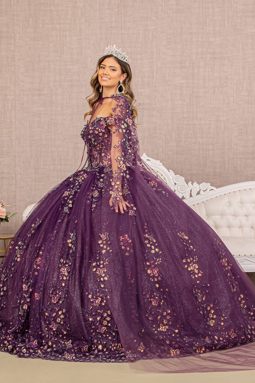 PURPLE 3D Butterfly Sheer Bodice w/ Long Mesh Cape Quinceanera Dress GLGL3171 for wholesale on Faire2