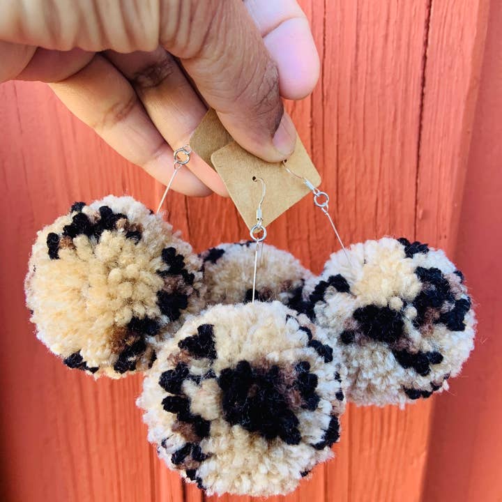 Brown Leopard Pom Pom Earrings for wholesale by Lovelybeadz
