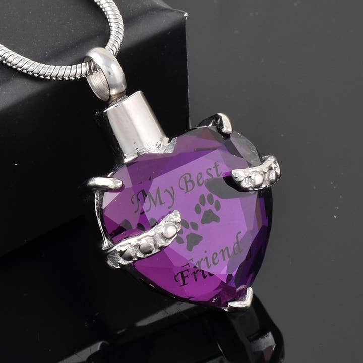Crystal Heart Pendant Pet Cremation Urn Necklace Etched "My Best Friend" for wholesale by Cherished Emblems