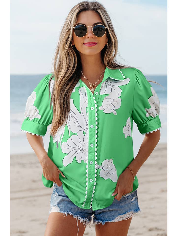 Aapparella - Vente Chemise à col boutonné – femme - Haut à boutons avec manches bouffantes et bordure en croquet floral | S-XL10