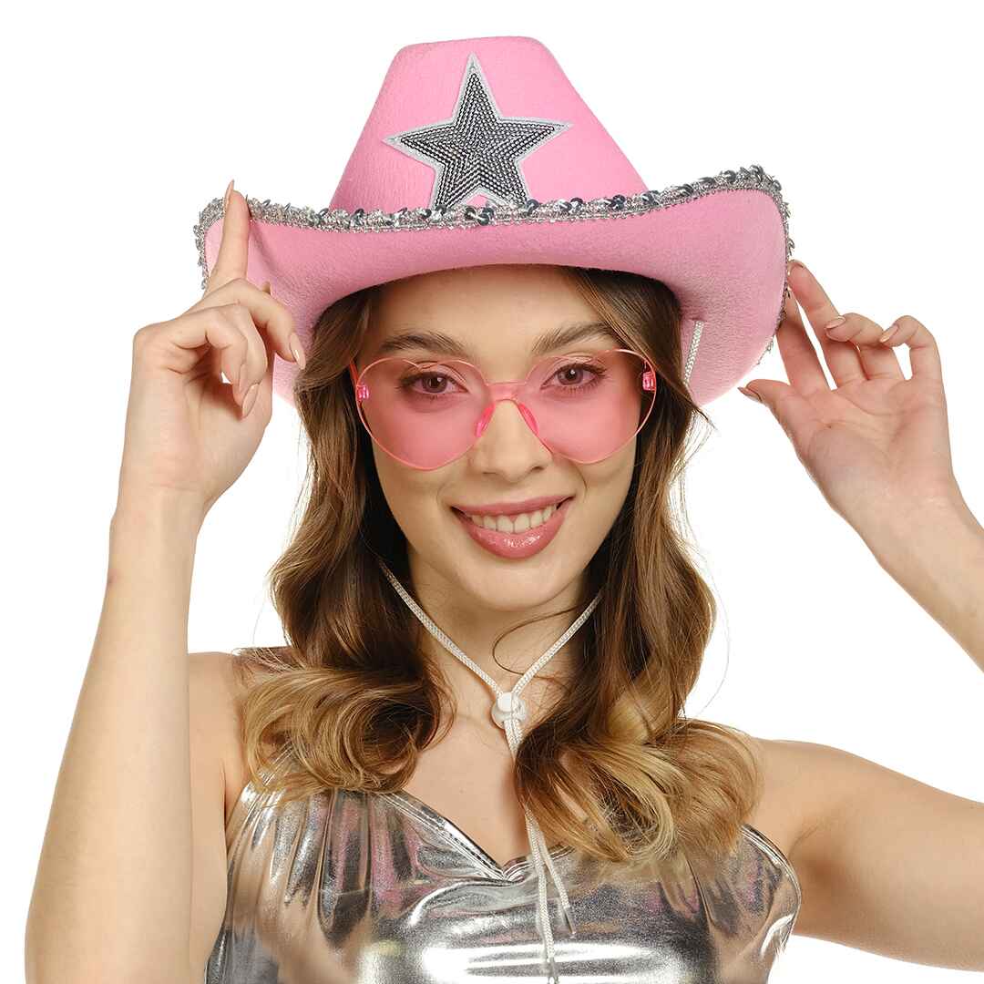 Funcredible - Wholesale Cowboy Hat - Women's - Pink Cowgirl Hat with Heart Glasses - Pink Cowboy Hat4