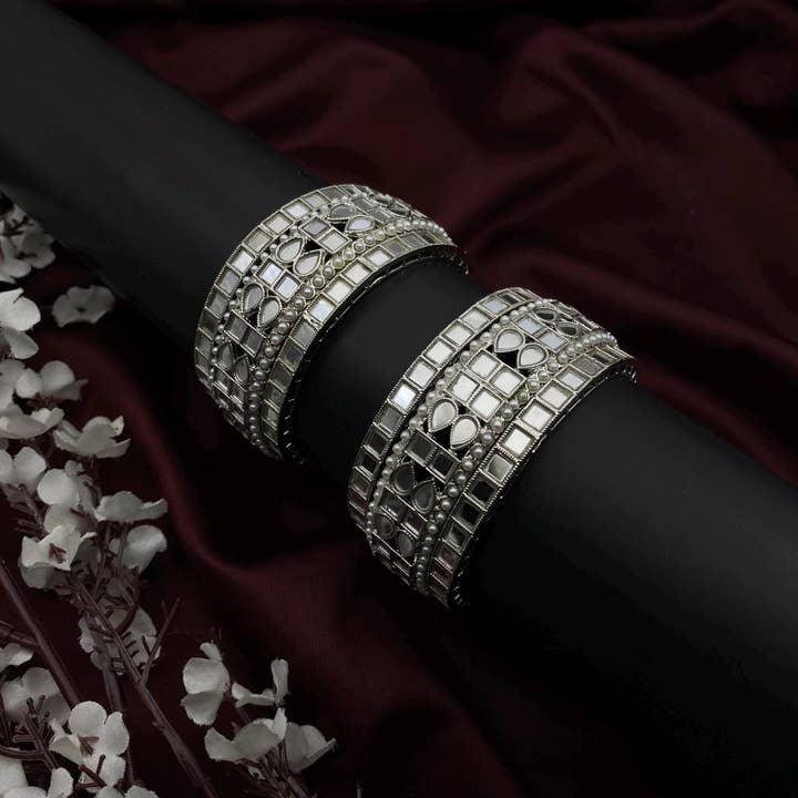 Oxidized Silver Mirror Work Bangle Set With Pearls for wholesale by Quirky Fashions