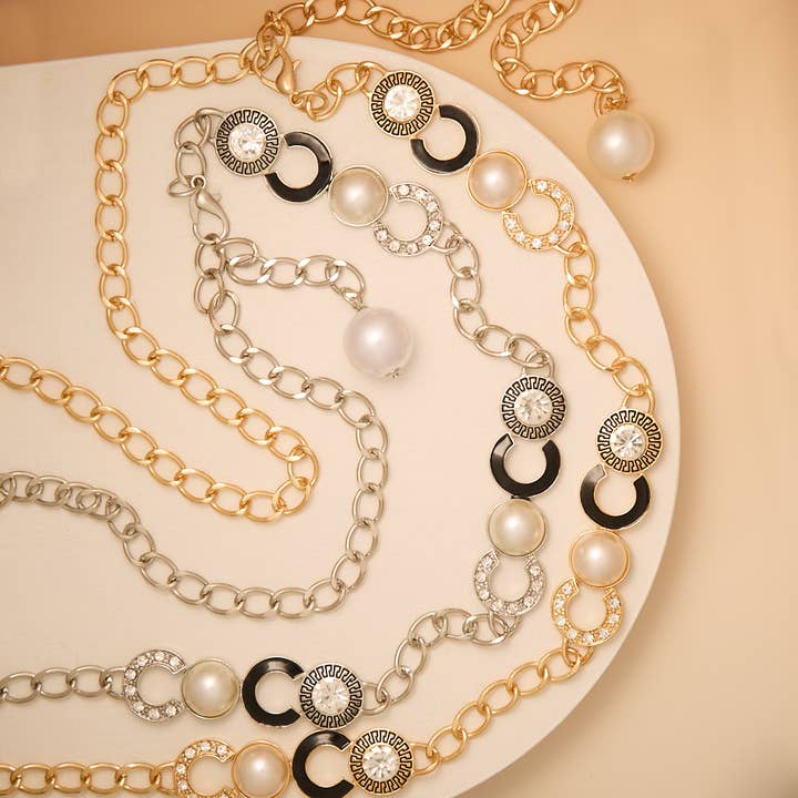 Greek Key Fashionista Crystal Pearl Chain Link Belt for wholesale by SP Sophia Collection