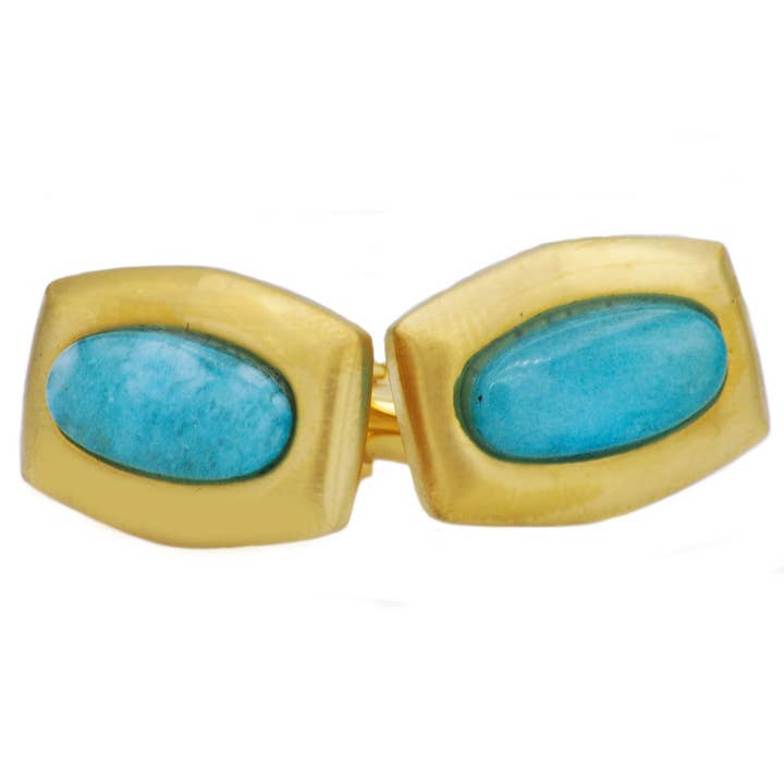 Men's Genuine Larimar Gold Stainless Steel Cuff Links for wholesale by Blackjack Mens Jewelry