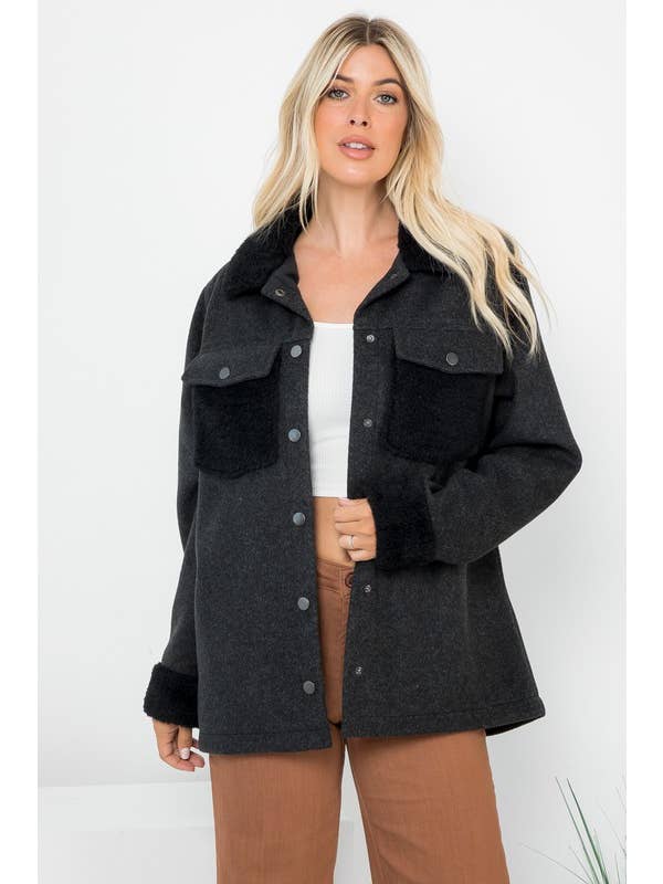 26 International - Wholesale Shirt Jacket/Shacket - Women's - Plus Size Solid 4Pockets Wool Like Shacket ( SALE )