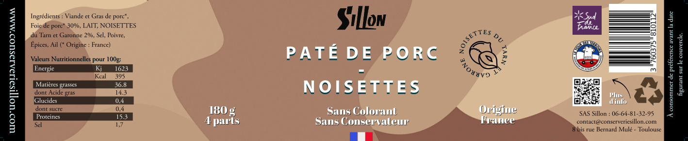 Sillon - Wholesale Pork - Pork Pâté, Hazelnuts on Tarn-et-Garonne 180g1