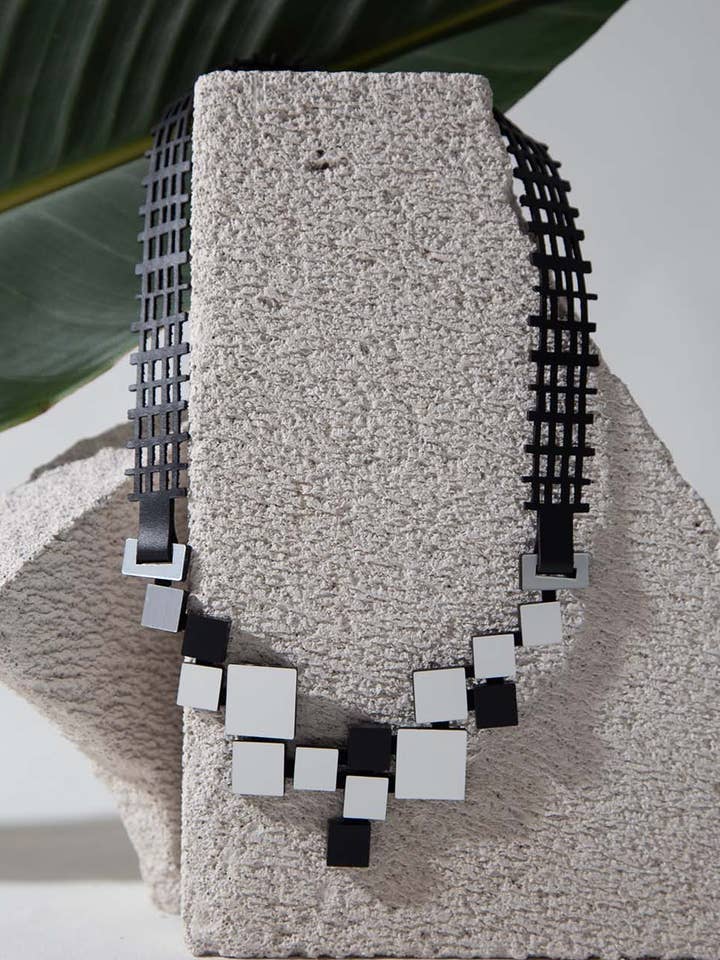 Bauhaus V Small Necklace Squares - Silver/Black* for wholesale by Iskin Sisters