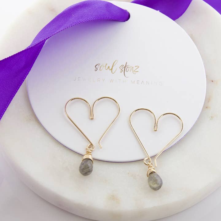 Soul Stonz - Wholesale Hoop Earrings - Gemstone Heart Hoops Small - Labradorite