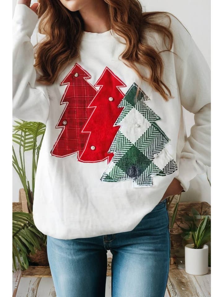 White Pearl Plaid Christmas Tree Patched Sweatshirt for wholesale on Faire0