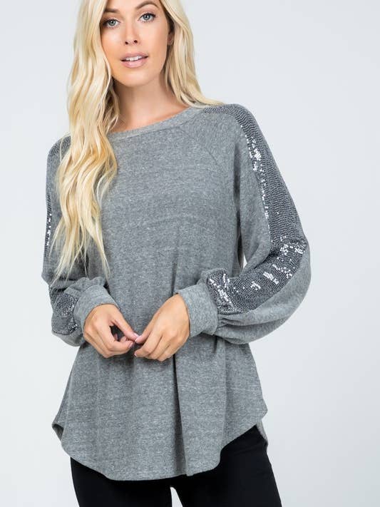 Brushed Sweater Sequence Contrast Sleeve Top for wholesale by Rose Mellow Fashion