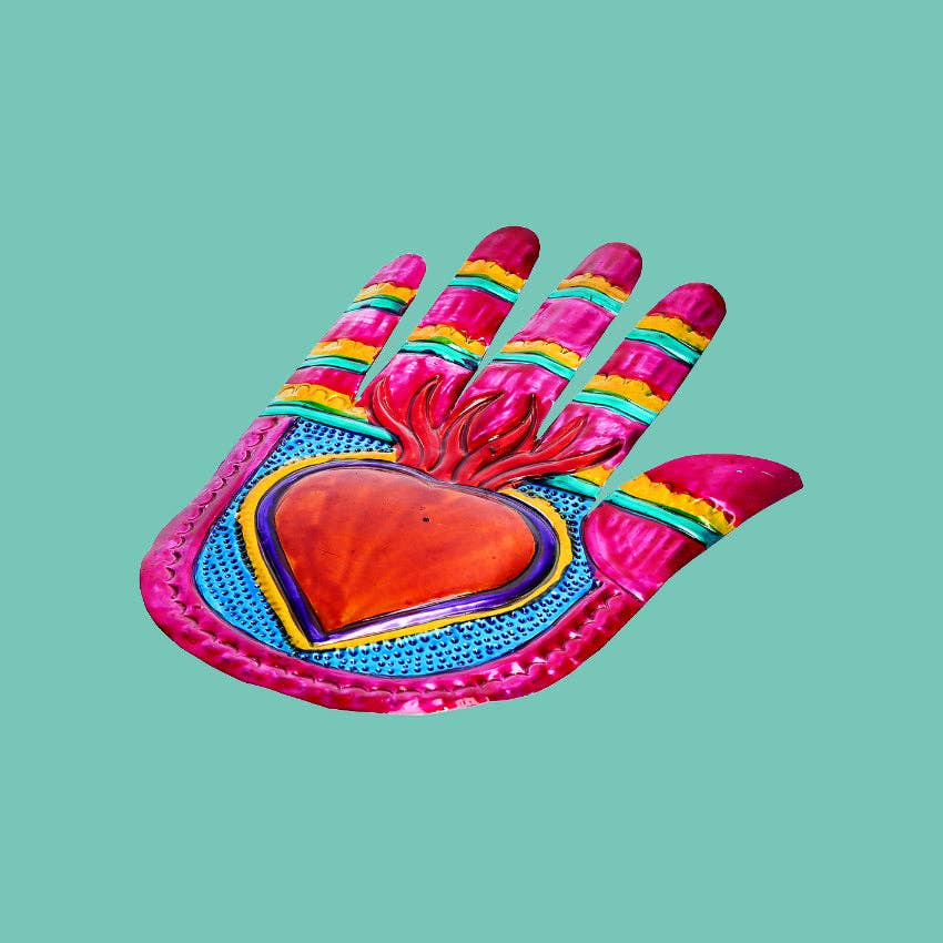 PINK PAMPAS - Wholesale Wall Accent - Ex Voto Mexican handmade hand with heart in bas-relief1