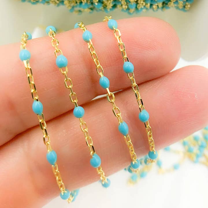 Jewels & Chains - Wholesale Link & Chain Necklace - Gold Plated Enamel Turquoise Cable Chain. V203TURGP