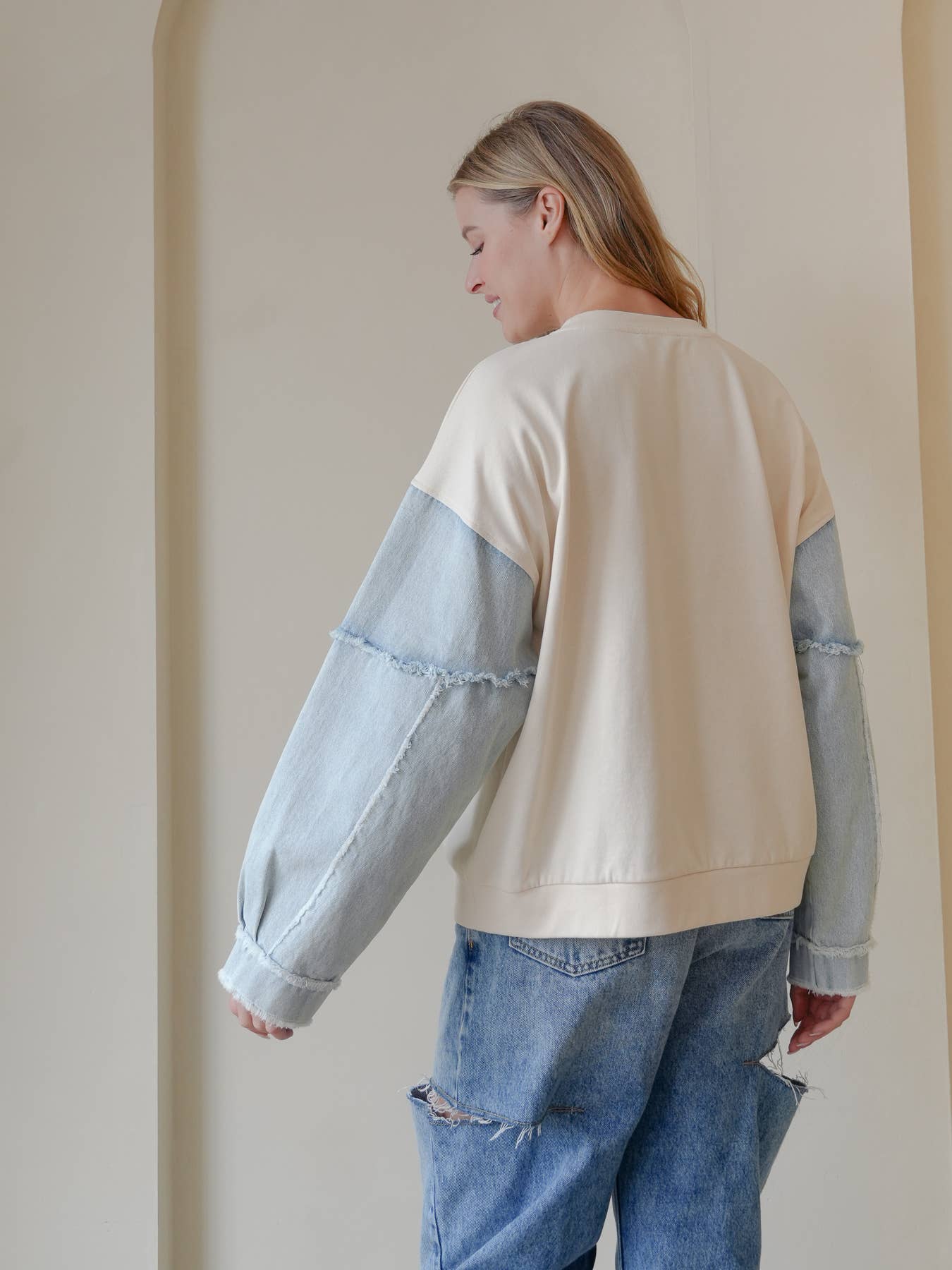 TRENDILITY - Wholesale Sweatshirt - Women's - TR2027-04_Mineral Washed Denim Bow Sweatshirt Top3