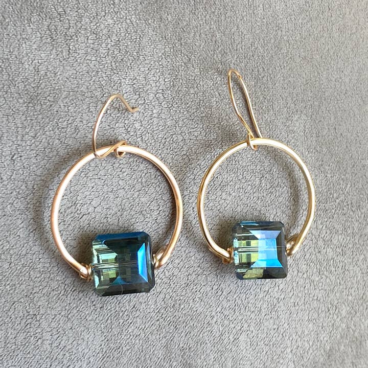 Marble Designs Jewelry - Wholesale Hoop Earrings - Gold Earrings Blue Crystal Drop Hoop Crescent Earrings 1