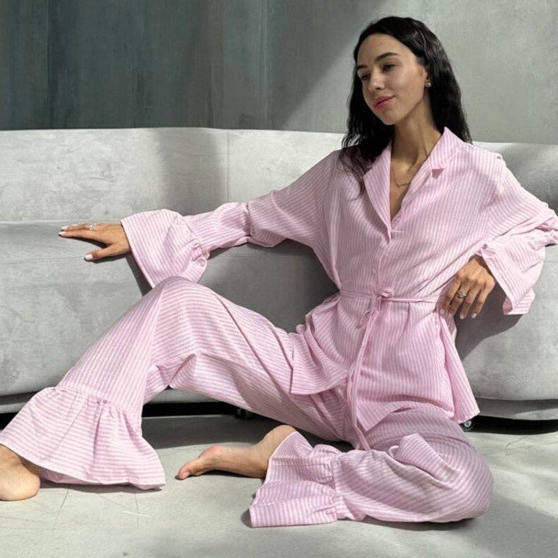 PINK Cozy Striped Pajamas with Delicate Ruffled Edges for wholesale on Faire0