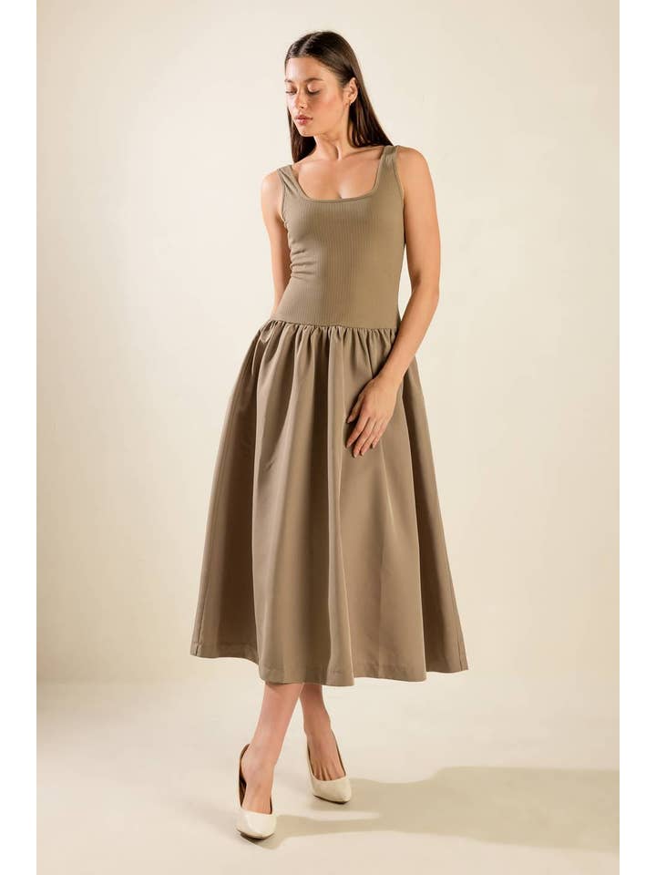 A solid knit/woven combination midi dress - FD1147 TAUPE for wholesale on Faire