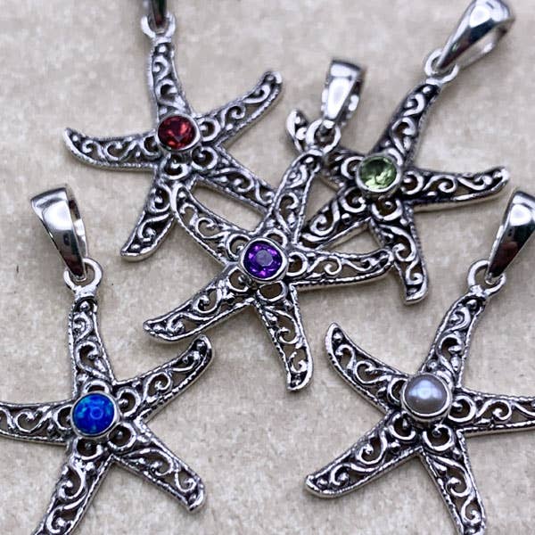 Goddess Design Studio - Vente Boucles d'oreilles pendantes - Boucles d'oreilles fantaisie en forme d'étoile de mer en argent sterling et pierres précieuses5