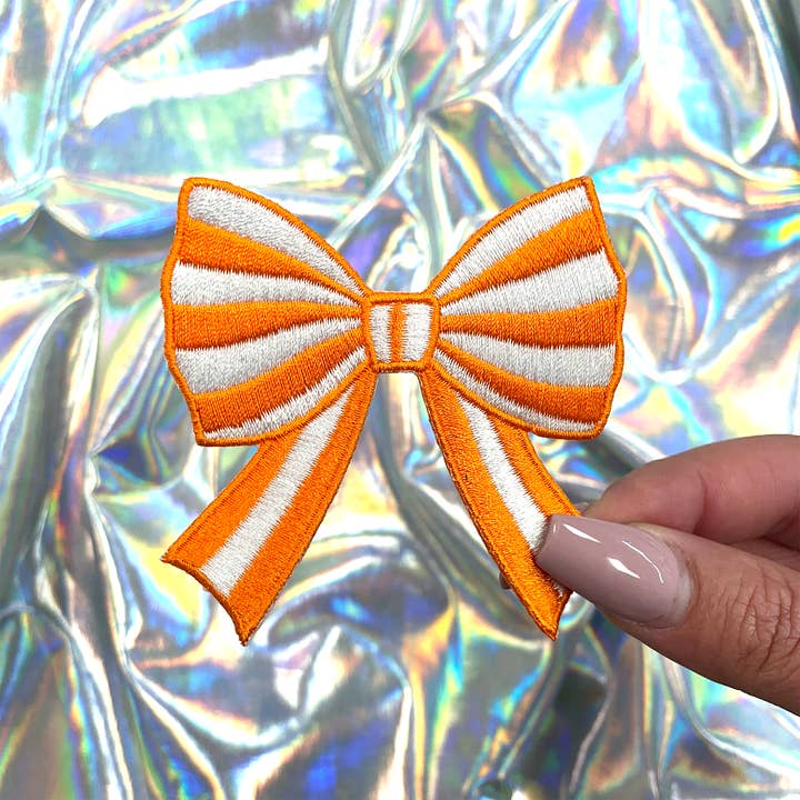 The Crafty Engineer - Wholesale Patch - Orange Striped Coquette Bow Patch Embroidered Iron-On