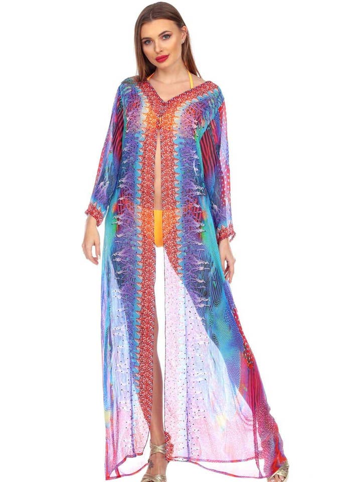 Vente en gros de maillots de bain couvrent des kimonos transparents pour femmes en polyester avec des imprimés multicolores pour la vente par La Moda Clothing