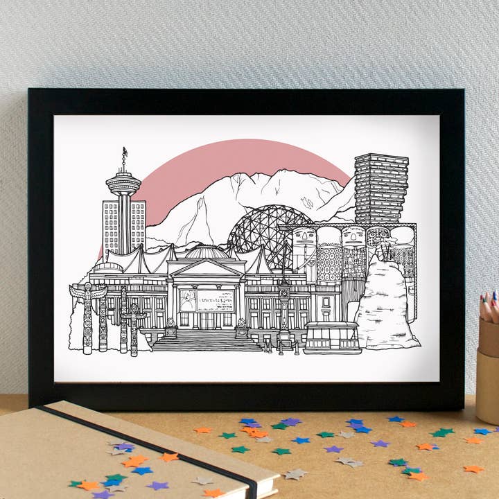 Impression artistique sur les monuments de la ville de Vancouver, non encadrée pour la vente par Becka Griffin Illustration