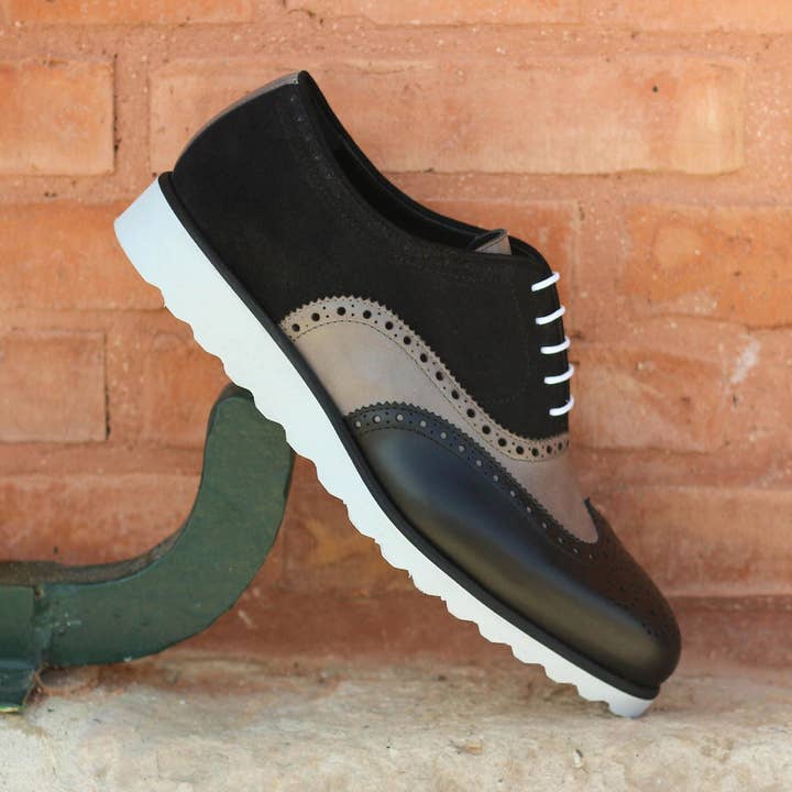 Aeron Men's Italian Leather & Lux Suede Full Brogue in Black / Grey for wholesale by DapperFam