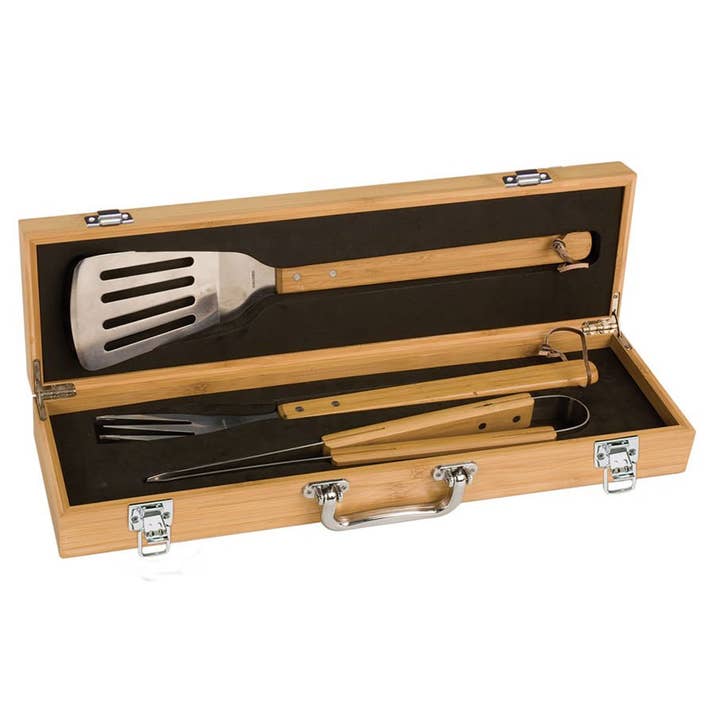 3-Piece Bamboo BBQ Set in Bamboo Case for wholesale by Happy Gift Express