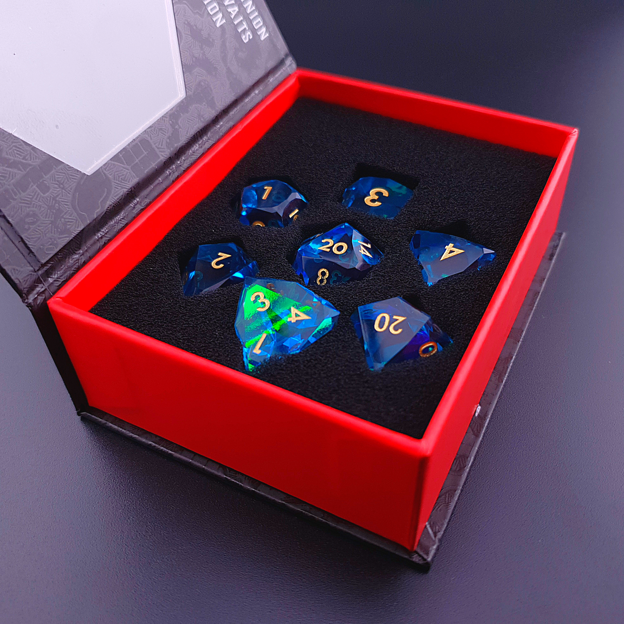 Tabletop Dominion Limited – wholesale Dice – Aether Prism | Diamond Cut Sharp Edge Resin | 7 Piece Dice Set6
