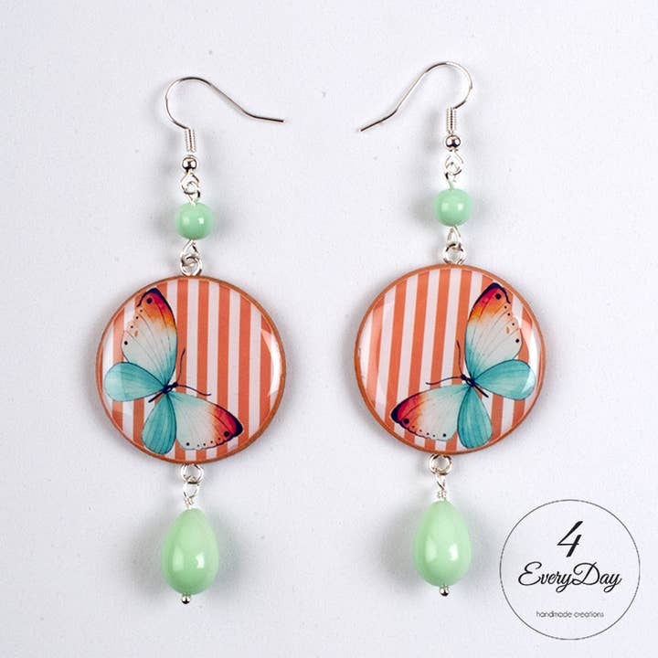 Earrings: Butterfly on orange stripes and Tiffany pearl for wholesale by 4everyday Handmade