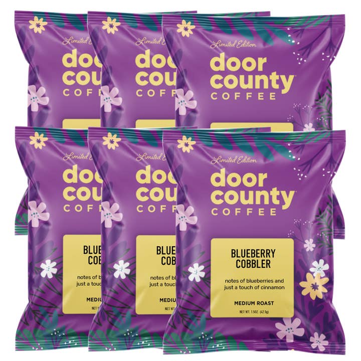 Door County Coffee - Wholesale Ground Coffee - Blueberry Cobbler SPRING Flavored Coffee, 1.5oz, 6 pack