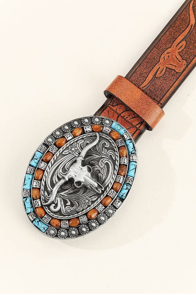 Brown Western Bull Monogram PU Leather Belt MOQ 3pcs ZK1313 for wholesale on Faire3