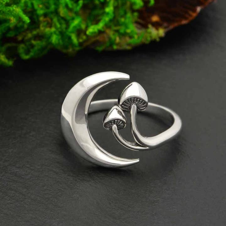Nina Designs - Wholesale Cocktail/Statement Ring - Sterling Silver or Bronze Moon and Mushroom Adjustable Ring
