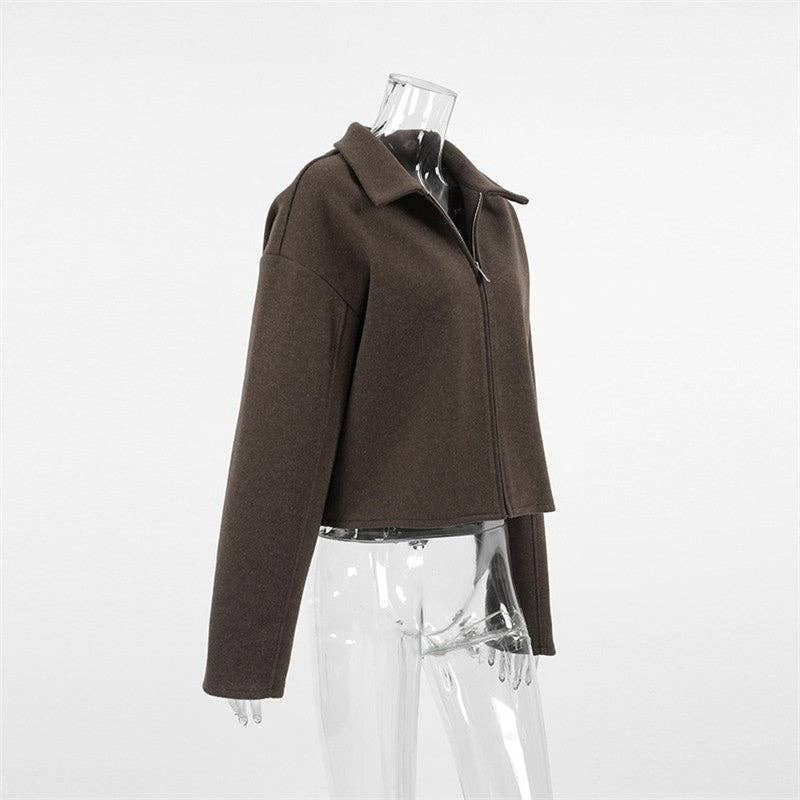 Brown Solid Color Notched Collar Thick Wool Jacket for wholesale on Faire7