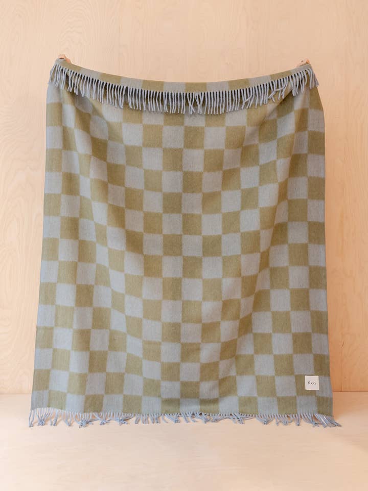 Recycled Wool Blanket in Blue & Green Checkerboard for wholesale by TBCo