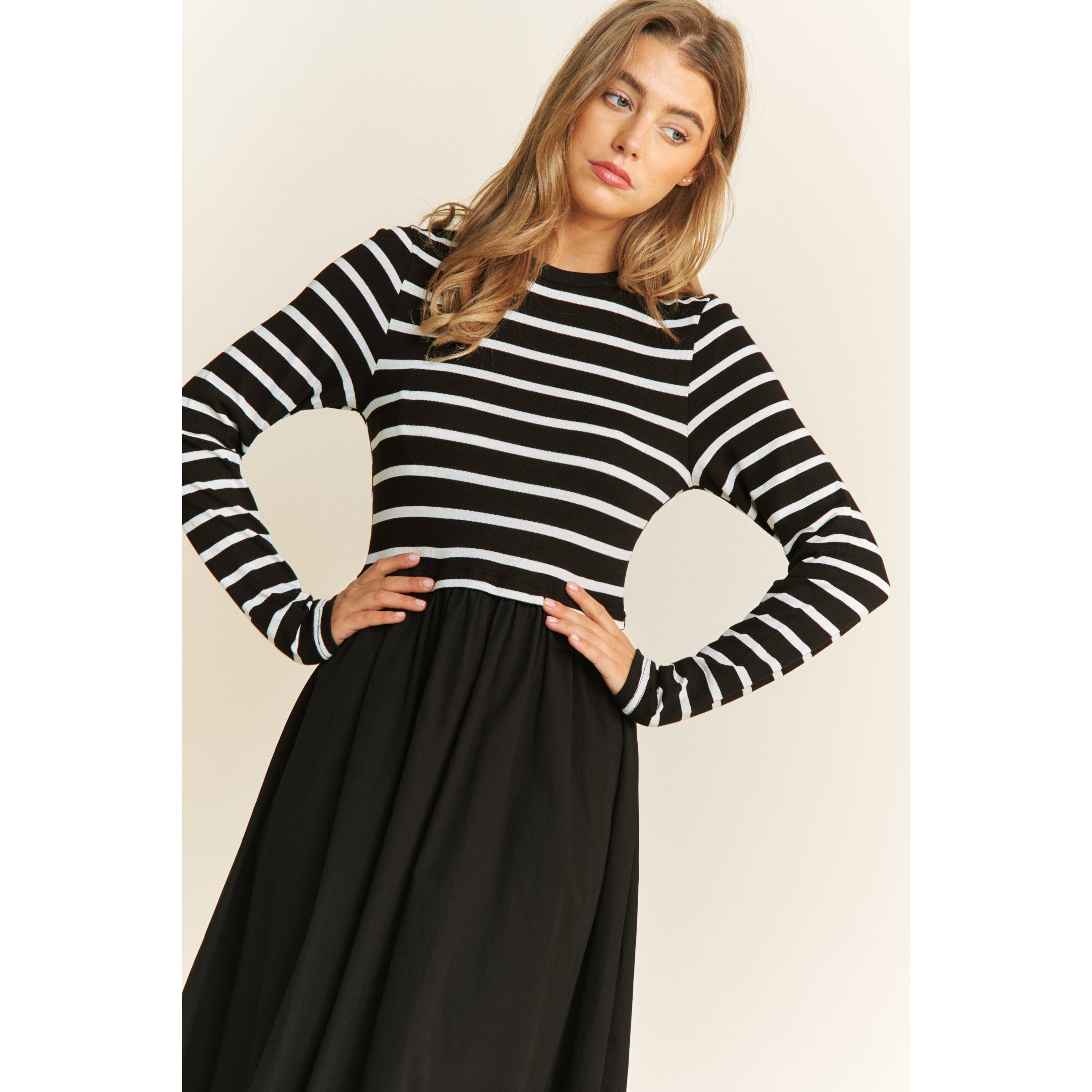Sweet Generis - Wholesale Dress - Women's - COTTON MAXI DRESS WITH KNIT STRIPE TOP WITH LONG SLEEVES5
